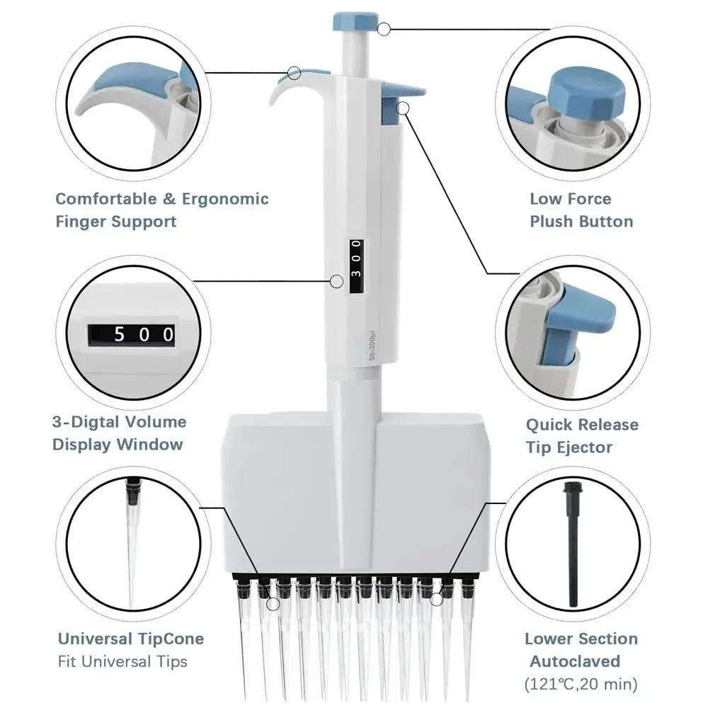 Pipetta elettrica, Pipetta multicanale completamente manuale regolabile a 12/8 canali for laboratorio chimico scolastico(12channel10-100ul)