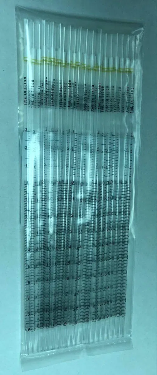 Pipette sierologiche confezionate, sterili, 1 ml di volume (20 di 25/Confezione in una custodia; 500/case)