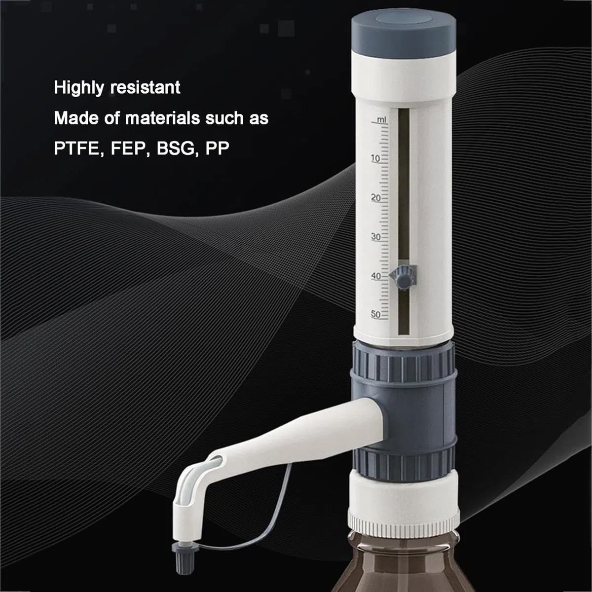Dispenser di liquidi da laboratorio, strumento di erogazione con 5 adattatori, pressione 500 mbar, alta compatibilità chimica per analisi del volume, titolazione, diluizione