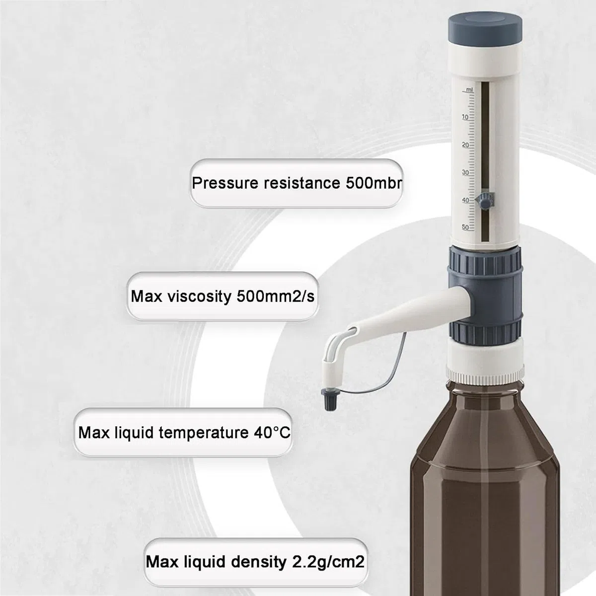 Dispenser di liquidi da laboratorio, strumento di erogazione con 5 adattatori, pressione 500 mbar, alta compatibilità chimica per analisi del volume, titolazione, diluizione