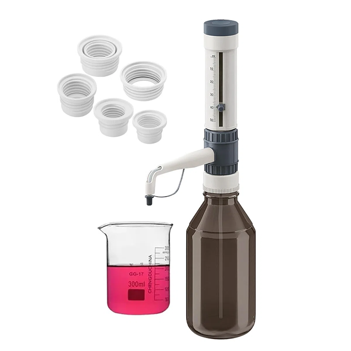 Dispenser di liquidi da laboratorio, strumento di erogazione con 5 adattatori, pressione 500 mbar, alta compatibilità chimica per analisi del volume, titolazione, diluizione
