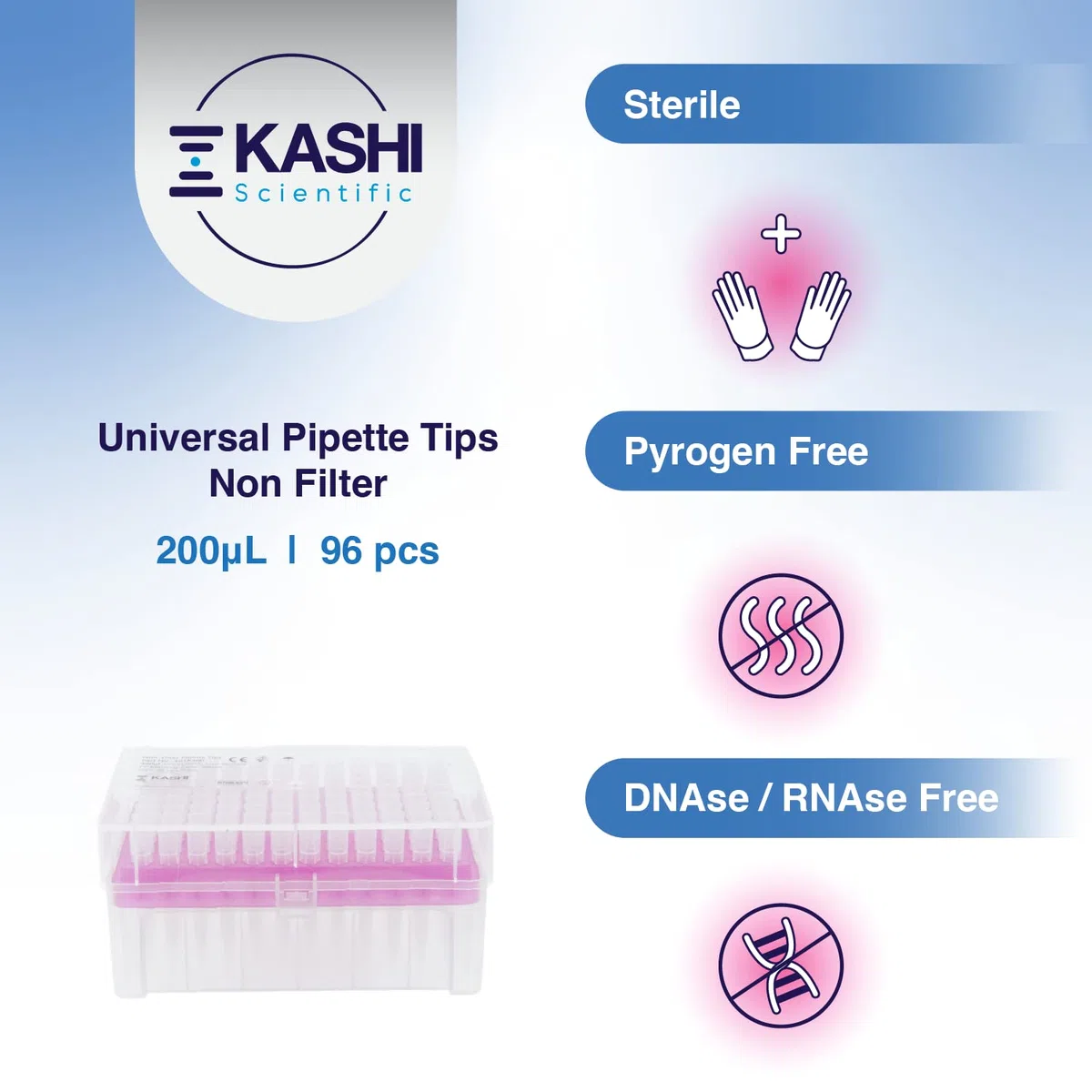 Kashi Scientific Punte universali per pipette da laboratorio, 200 μL, sterili senza dnasi/rnasi, sicure per pirogeni [200ul, non filtrate, 96 punte]